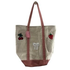 Mayim Canvas Tote Bag Cream Pink Fruit Cherry Strawberry Bow Patch Zip NWT